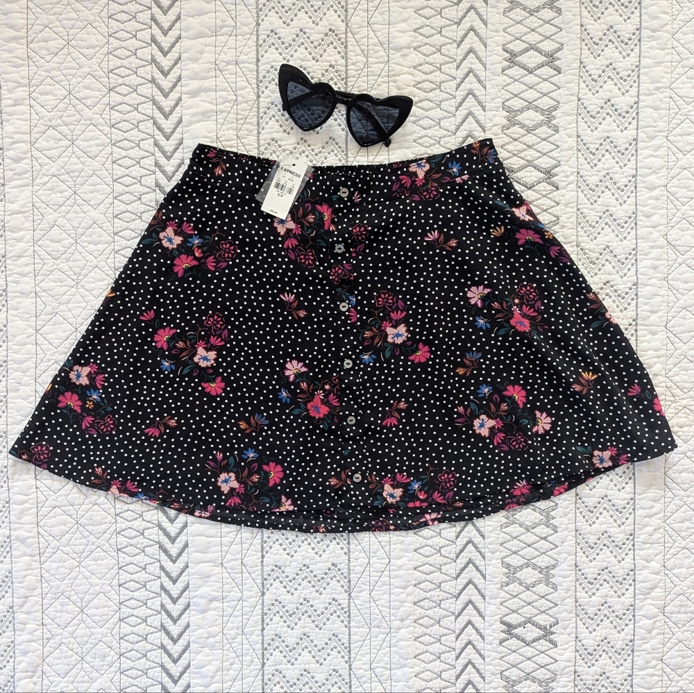 Express Black And White Polka Dot Skirt With Flowers
